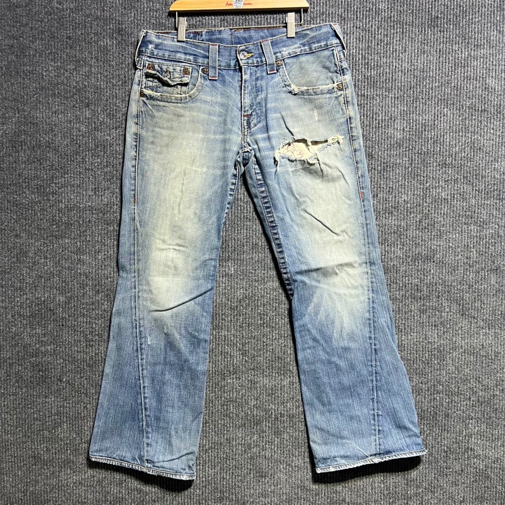 True Religion Joey Jeans Mens 32 Blue Distressed Flare Twisted Seam Made in USA